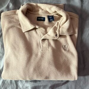 Izod Shirt Men's Size L Long Sleeve Polo Beige Cotton Embroidered Logo Stretch